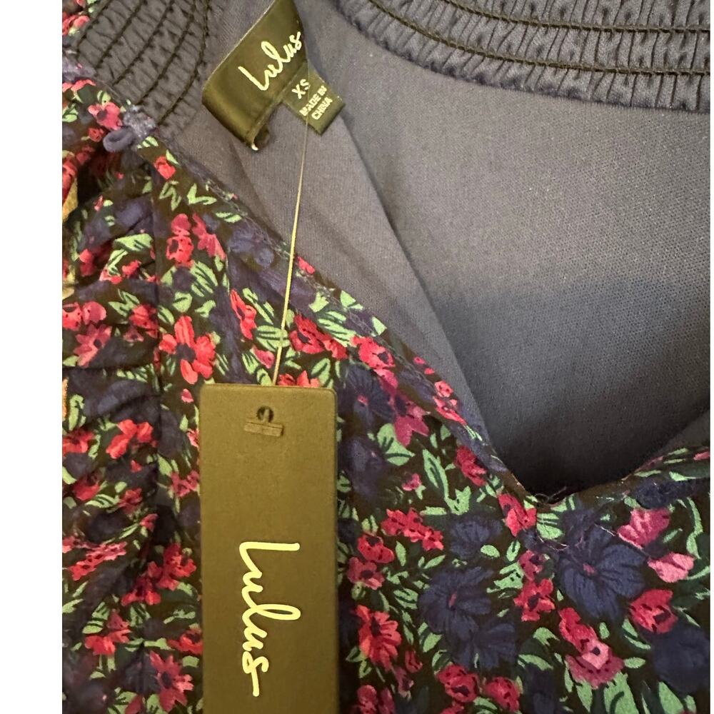 Lulus Evalina Navy Blue Floral Print Mock Neck Sleeveless Ruffle Midi Dress XS - Picture 14 of 16